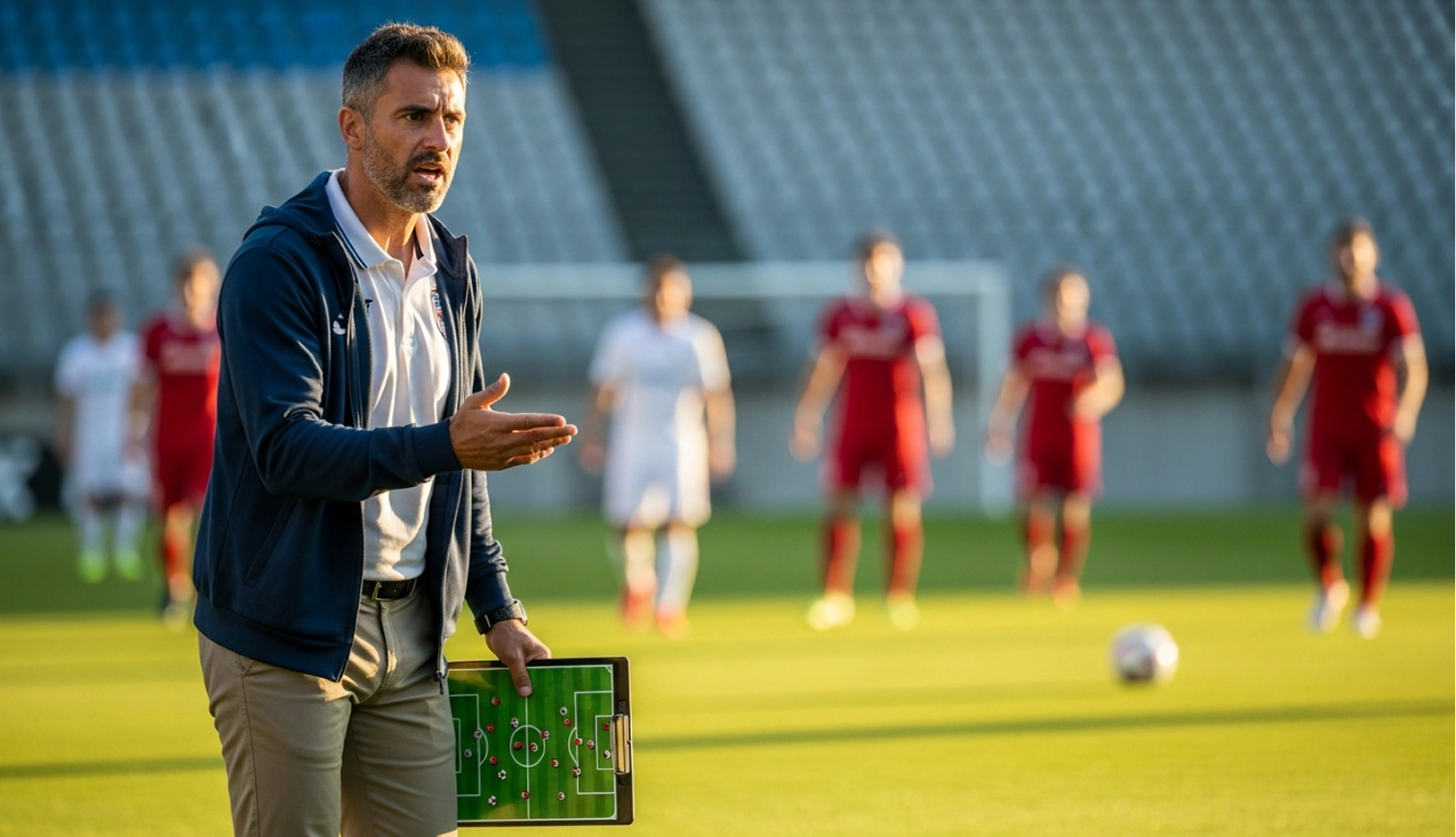 Soccer coach with youth players